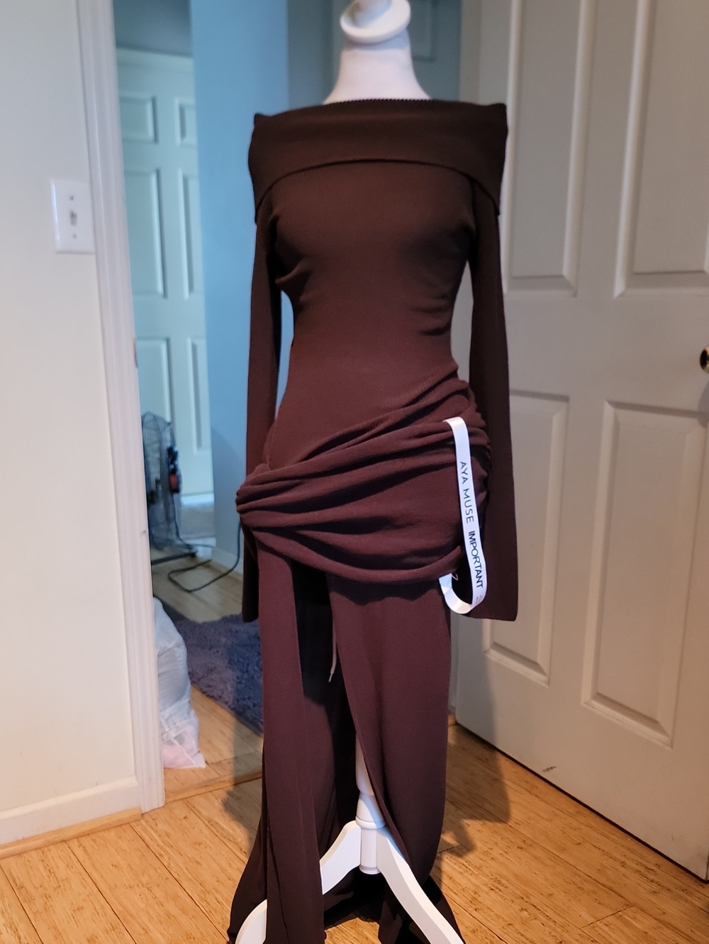 Aya Muse Chocolate Brown Off-Shoulder Draped Maxi Dress